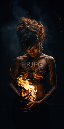 High Resolution: Asian woman with dark wavy hair and extensive tattoos on her arms and chest holding glowing embers in both hands download. | HRJPG.com