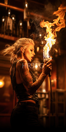 High Resolution: Attractive tattooed woman with platinum blonde hair in braided pigtails holding a flaming torch against warm lighting indoors download. | HRJPG.com