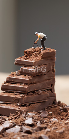 High Resolution: Miniature figurine resembling an adult male digging into stacked chocolate bars on top of scattered crumbs download. | HRJPG.com