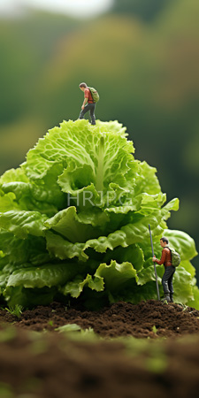 High Resolution: Two miniature detailed figurines resembling farmers with backpacks and hats standing on rich soil around an oversized green lettuce plant download. | HRJPG.com