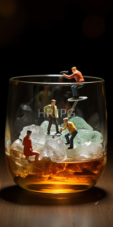 High Resolution: Four miniature figurines inside an amber-colored glass tumbler filled with ice cubes and liquid download. | HRJPG.com