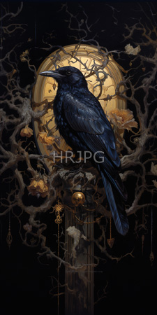 High Resolution: Ebony-black crow perched on a golden column set against a dark background with intricate branches and glowing yellow flowers download. | HRJPG.com