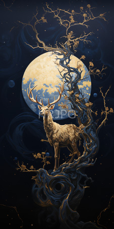 High Resolution: Elegant golden-furred deer with large antlers standing on twisted tree roots under a glowing full moon in dark blue night sky download. | HRJPG.com