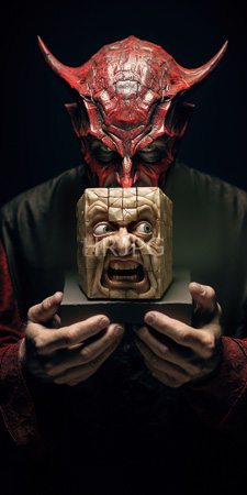 High Resolution: Eerie red-skinned demon with horns and cracked texture holding a wooden mask depicting a screaming face in front of its mouth download. | HRJPG.com