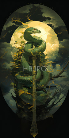 High Resolution: Intricately coiled green snake with detailed scales entwined around and gripping onto ornate wooden staff download. | HRJPG.com