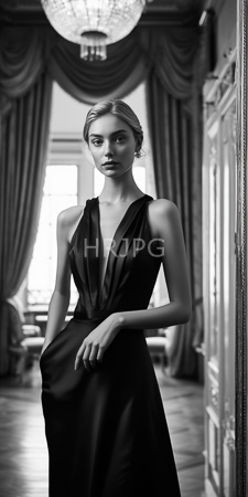 High Resolution: Elegant young woman with fair skin and blonde hair in a sleek low-cut satin dress standing confidently indoors against ornate curtains download. | HRJPG.com