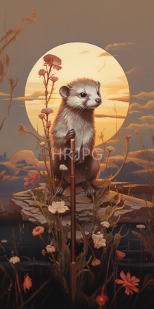 High Resolution: Adorable fluffy ferret with white and brown fur standing on rocks amidst tall flowers during sunset download. | HRJPG.com