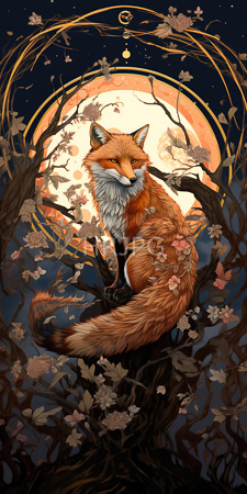 High Resolution: Orange fox with white and black fur sitting on twisted tree branches adorned in pink blossoms against a dark night sky illuminated by a large full moon download. | HRJPG.com