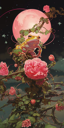 High Resolution: Anthropomorphic frog perched on thorny rose branches with large pink roses in bloom under a glowing full moon download. | HRJPG.com