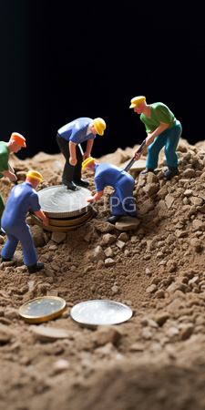 High Resolution: Five miniature colorful plastic figurines depicting construction workers digging in brown soil around two metal barrels filled with water-like liquid download. | HRJPG.com