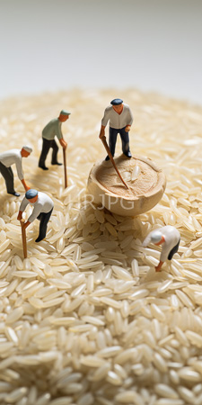 High Resolution: Six miniature detailed figurines resembling elderly men with white hair and blue caps working on an oversized wooden coin-shaped object amidst scattered rice grains download. | HRJPG.com