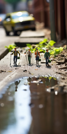 High Resolution: Four small detailed figurines depicting police officers with hats and uniforms walking on an urban sidewalk beside a shallow puddle download. | HRJPG.com