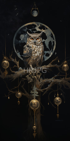 High Resolution: Intricately detailed owl perched on barren twisted branches against a dark background with moonlight and circular halo effect download. | HRJPG.com