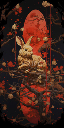 High Resolution: Elegant fluffy beige rabbit with large ears perched on dark tree branches adorned in red and white blossoms against a vivid crimson full moon backdrop download. | HRJPG.com