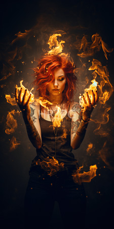 High Resolution: Attractive tattooed woman with fiery red hair and pale skin standing against a dark background while conjuring flames in both hands download. | HRJPG.com
