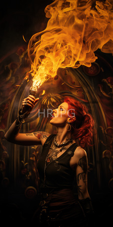 High Resolution: Attractive tattooed woman with vibrant red hair and pale skin holding up a flaming torch against dark background adorned in gothic-style arches download. | HRJPG.com