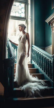 High Resolution: Elegant woman with light skin and blonde hair in an updo standing on carpeted stairs adorned by green balustrades inside a dim-lit room illuminated through stained glass windows download. | HRJPG.com