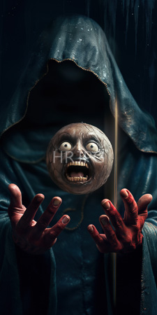 High Resolution: Eerie hooded figure with cracked skin and wide-eyed terror on their floating head face download. | HRJPG.com