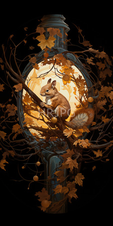 High Resolution: Adorable fluffy red squirrel with white underbelly and dark eyes perched on twisted autumn branches within a circular frame adorned by golden leaves download. | HRJPG.com