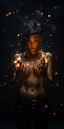 High Resolution: Intricately tattooed topless woman with dark hair and glowing orange tattoos on her face against a black background download. | HRJPG.com