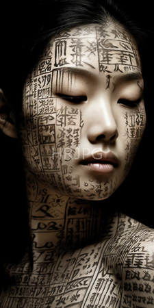 High Resolution: Asian woman with closed eyes dark hair pulled back; her face and neck covered in intricate black Chinese characters resembling tattoos against pale skin download. | HRJPG.com