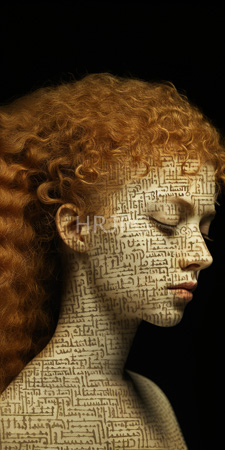 High Resolution: Red-haired woman with curly hair facing right against black background; her face and neck covered in intricate brown script-like patterns resembling ancient text or hieroglyphs download. | HRJPG.com