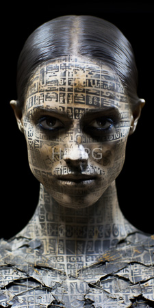 High Resolution: Androgynous person with dark slicked-back hair against black background; their face is intricately painted in grayscale newspaper text patterns download. | HRJPG.com