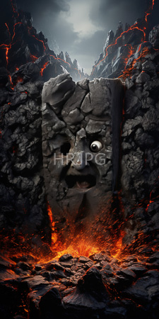 High Resolution: Anthropomorphic cracked stone face with one large eye and mouth agape in horror amidst volcanic activity download. | HRJPG.com