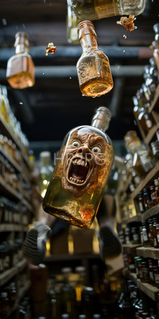 High Resolution: Indoor liquor store aisle with shelves filled with various bottles featuring one prominently hanging bottle transformed into a grotesque face mask download. | HRJPG.com