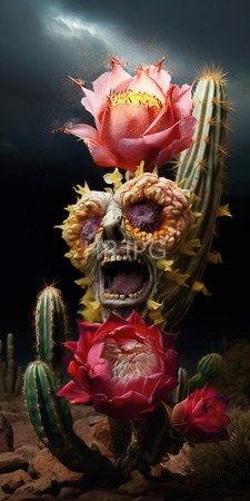 High Resolution: Eerie skeletal face with sunken eyes and sharp teeth emerging from two large cactus flowers; one pink at top another red below it download. | HRJPG.com