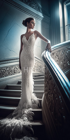 High Resolution: Elegant dark-skinned woman with her hair in a neat bun wearing a form-fitting white lace gown that features intricate floral patterns and feathered train download. | HRJPG.com
