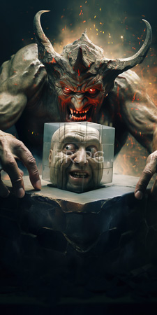 High Resolution: Intimidating muscular demon with glowing red eyes and large horns looming over a glass-encased human skull on a dark stone pedestal download. | HRJPG.com