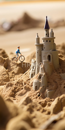 High Resolution: Intricate sandcastle with towers and turrets featuring detailed brick patterns; topped by a purple conical roof in sharp focus download. | HRJPG.com