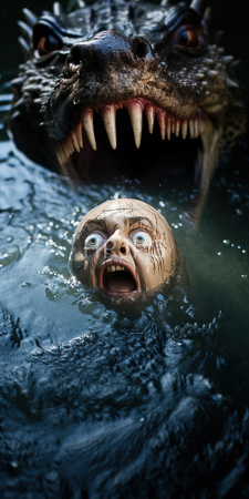 High Resolution: Terrified bald human head with wide eyes and open mouth emerging from dark water beneath a menacing dragon's snout featuring sharp teeth download. | HRJPG.com