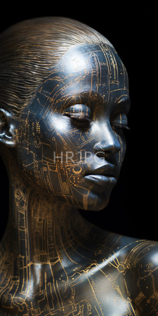 High Resolution: Androgynous metallic silver humanoid bust with intricate golden circuit patterns covering its face and neck against black background download. | HRJPG.com