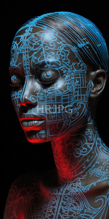 High Resolution: Androgynous dark-skinned person with closed eyes against black background; their face is intricately patterned in glowing blue circuitry lines download. | HRJPG.com