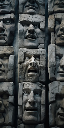 High Resolution: Intricately carved stone wall featuring multiple detailed cracked faces in relief style against a dark background download. | HRJPG.com