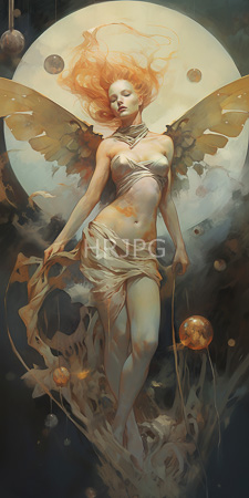 High Resolution: Ethereal fair-skinned woman with flowing orange hair and golden wings against a large full moon backdrop in dark space-like surroundings download. | HRJPG.com