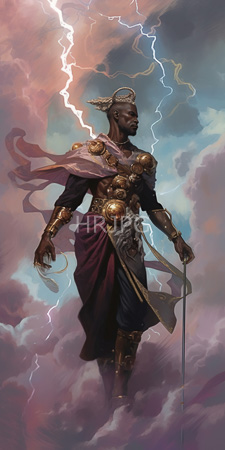 High Resolution: African deity with dark skin muscular build and regal posture standing amidst clouds illuminated by lightning bolts download. | HRJPG.com