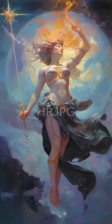 High Resolution: Ethereal light-skinned female deity with flowing curly hair and glowing orange aura around her head download. | HRJPG.com