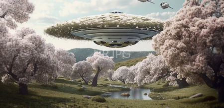 High Resolution: Alien spaceship with white flower-covered exterior hovering above a serene landscape of pink cherry blossom trees and green hills download. | HRJPG.com