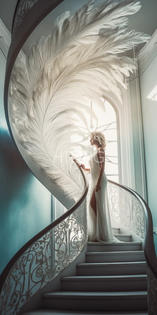 High Resolution: Ethereal woman with curly blonde hair wearing a sheer white feathered dress and headpiece on spiral staircase download. | HRJPG.com