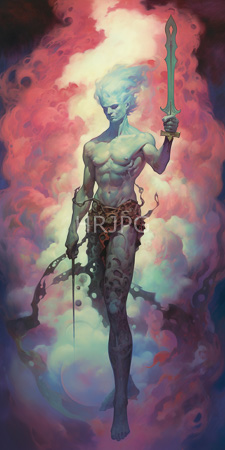 High Resolution: Ethereal muscular male figure with blue skin and flowing white hair holding a glowing sword while gripping a dark staff-like object download. | HRJPG.com