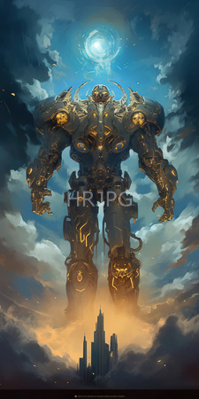 High Resolution: Enormous metallic humanoid robot with intricate golden and dark blue armor standing in front of towering skyscrapers download. | HRJPG.com