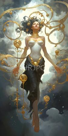 High Resolution: Ethereal dark-skinned woman with curly black hair floating in cloudy skies wearing gold-accented white bodysuit download. | HRJPG.com