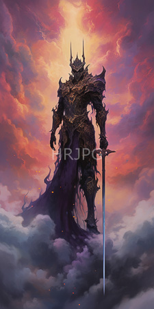 High Resolution: Imposing dark armored warrior with intricate horned helmet and flowing purple cloak standing on clouds against a vibrant sunset sky download. | HRJPG.com