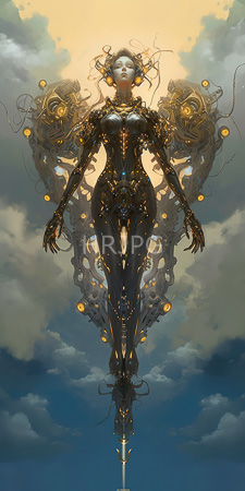 High Resolution: Ethereal futuristic female figure floating in cloudy sky; she has metallic armor-like skin with golden orbs and intricate patterns download. | HRJPG.com