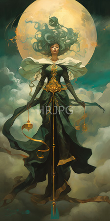 High Resolution: Ethereal woman with flowing green hair wearing a dark teal gown adorned in gold patterns and white puffed sleeves download. | HRJPG.com