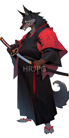 High Resolution: Anthropomorphic wolf warrior with dark gray fur standing confidently against white background wearing red and black traditional Japanese attire download. | HRJPG.com