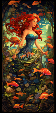 High Resolution: Enchanting mermaid with flowing red hair wearing a blue corset adorned in intricate patterns and seashells download. | HRJPG.com
